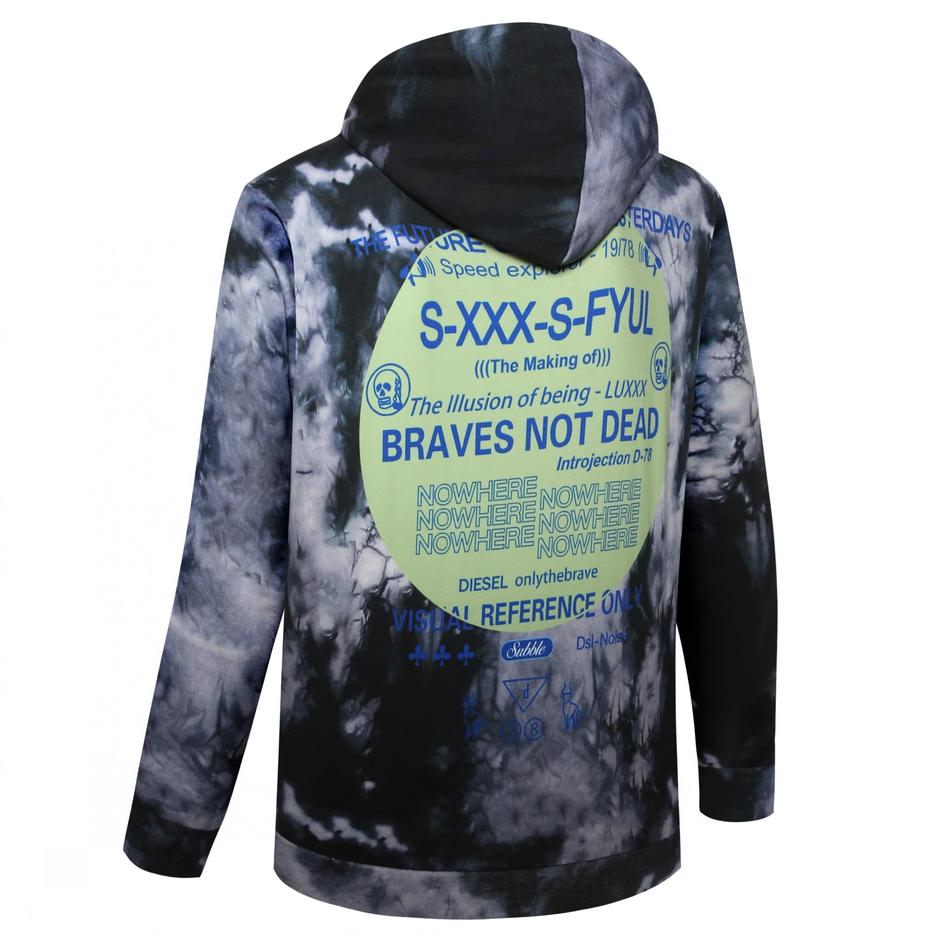 A cotton hoodie in a tie-dye pattern featuring a large graphic design on the back and a logo.