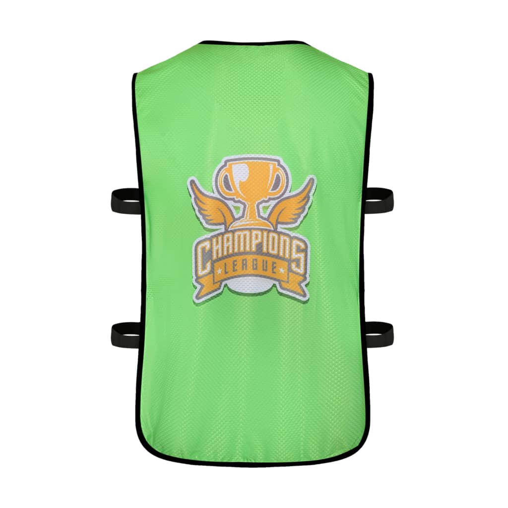 A green sports bib featuring a large logo with a trophy and wings, secured with adjustable straps on the sides.
