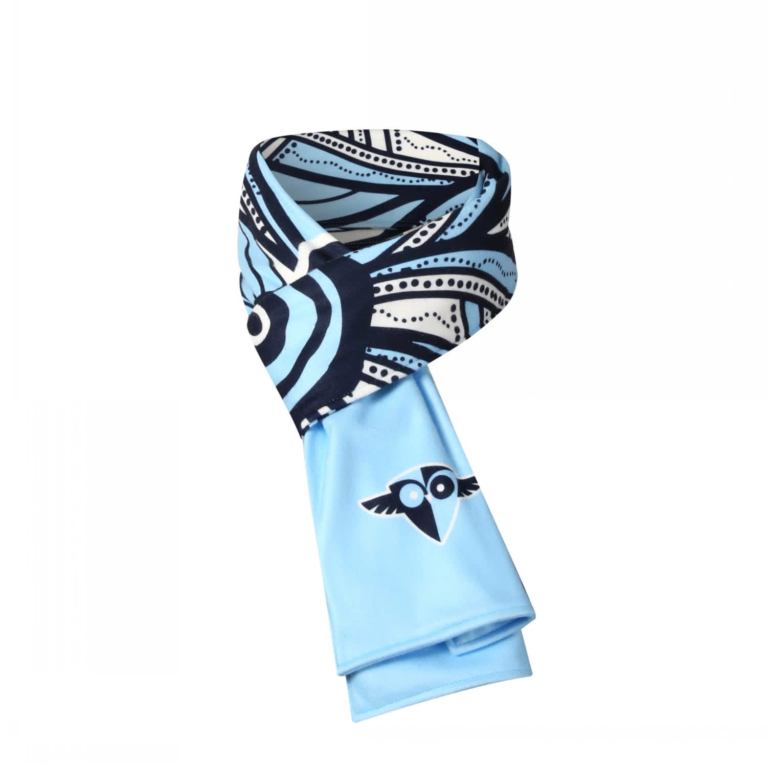 A blue and patterned scarf featuring a logo, wrapped elegantly for display.