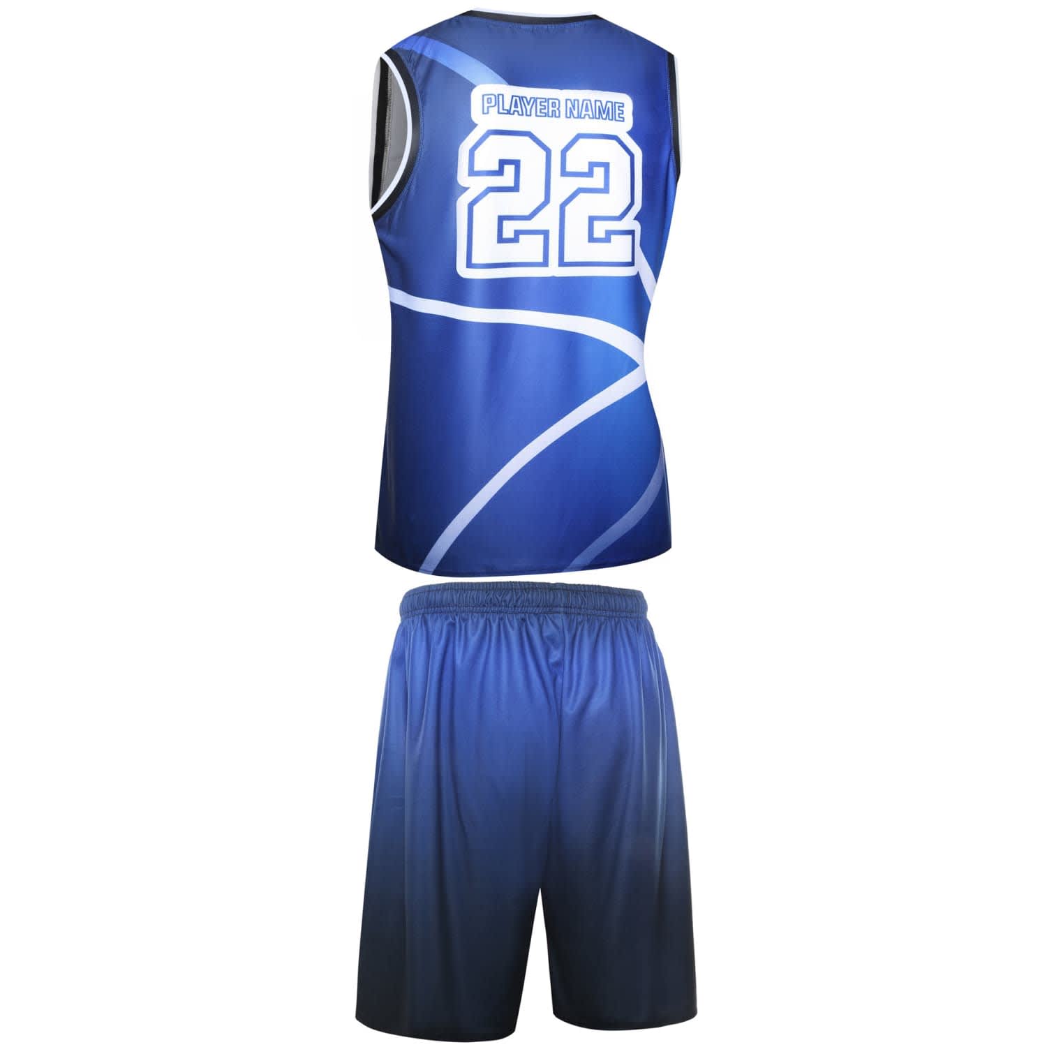 A blue basketball uniform featuring a sleeveless jersey and matching shorts, with a logo and player number on the back.
