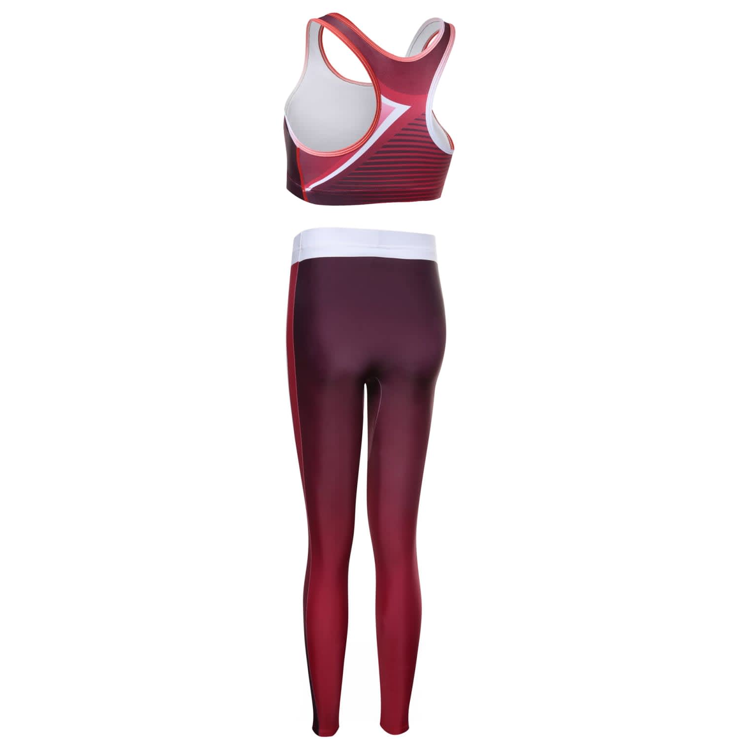 A women's sports uniform in shades of red featuring a cropped tank top and matching leggings. It includes a logo.