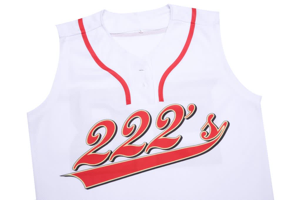 A sleeveless white baseball singlet with red accents and a logo featuring the number "222's."