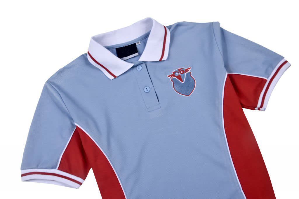 A light blue and red polo shirt with a collar and a logo on the front.