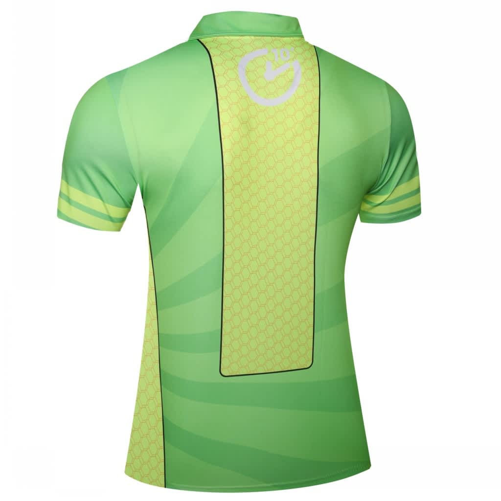 A bright green short-sleeve uniform top with a patterned back and a logo. It features yellow stripes on the shoulders.