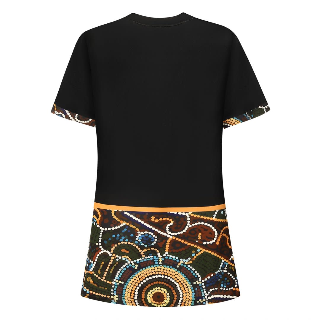 A black Hawaiian shirt featuring a vibrant, patterned design at the hem. The shirt has a logo.