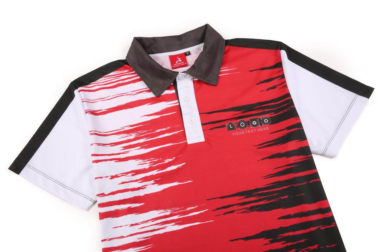 A red, black, and white polo shirt featuring a logo, with a collar and three buttons.
