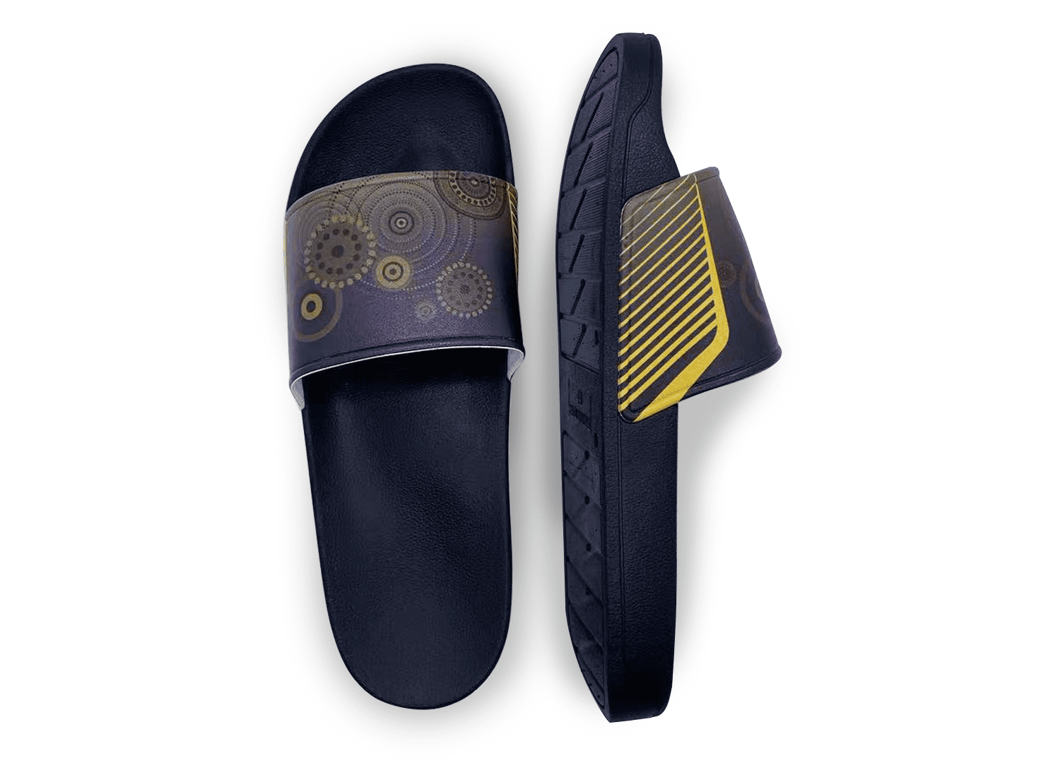 A pair of black slippers with a patterned strap featuring gears and a striped design in yellow.