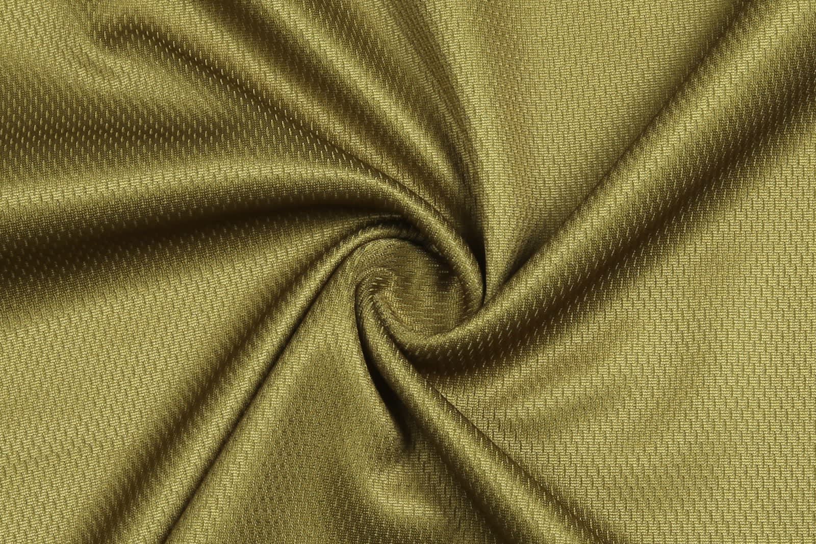 A textured olive green fabric with a swirling pattern, suitable for apparel design. It features a subtle sheen and weave.