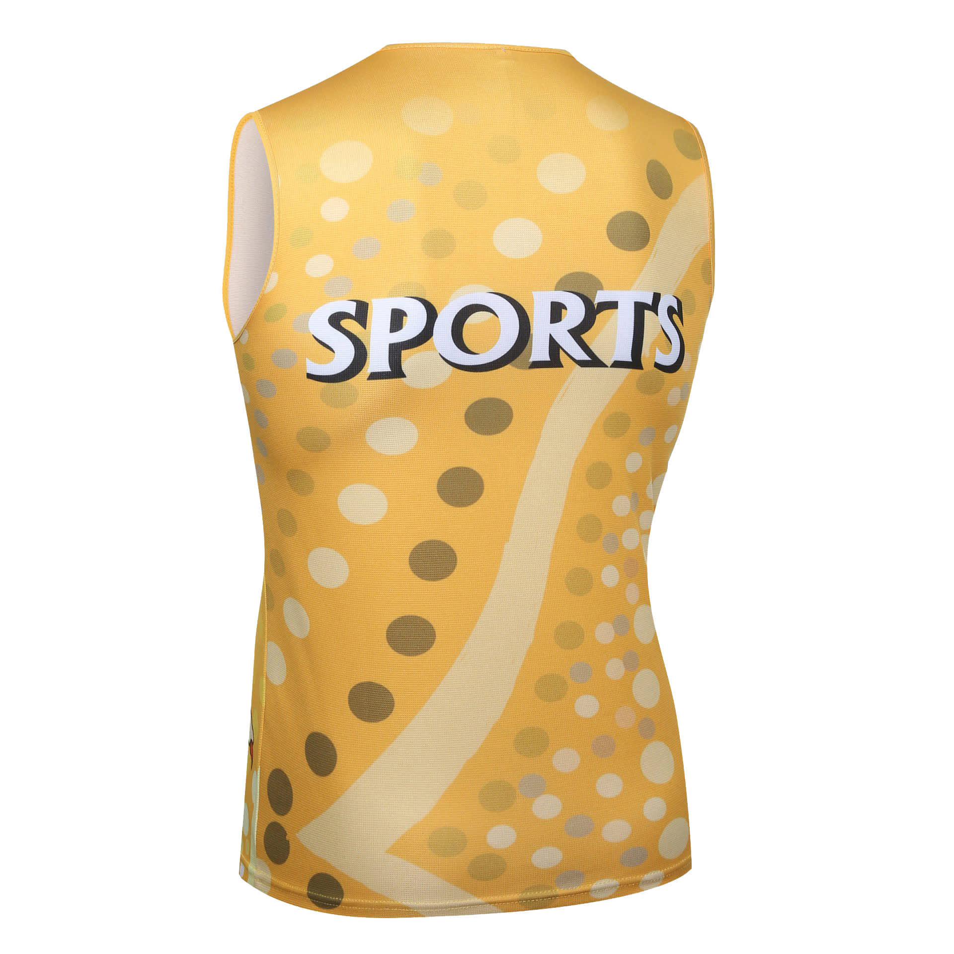 A yellow Aboriginal singlet featuring a dotted pattern and a logo on the back.