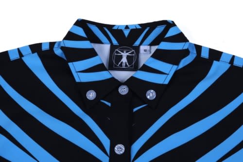 A black shirt with blue and black striped patterns, featuring a collar and button details, along with a logo.