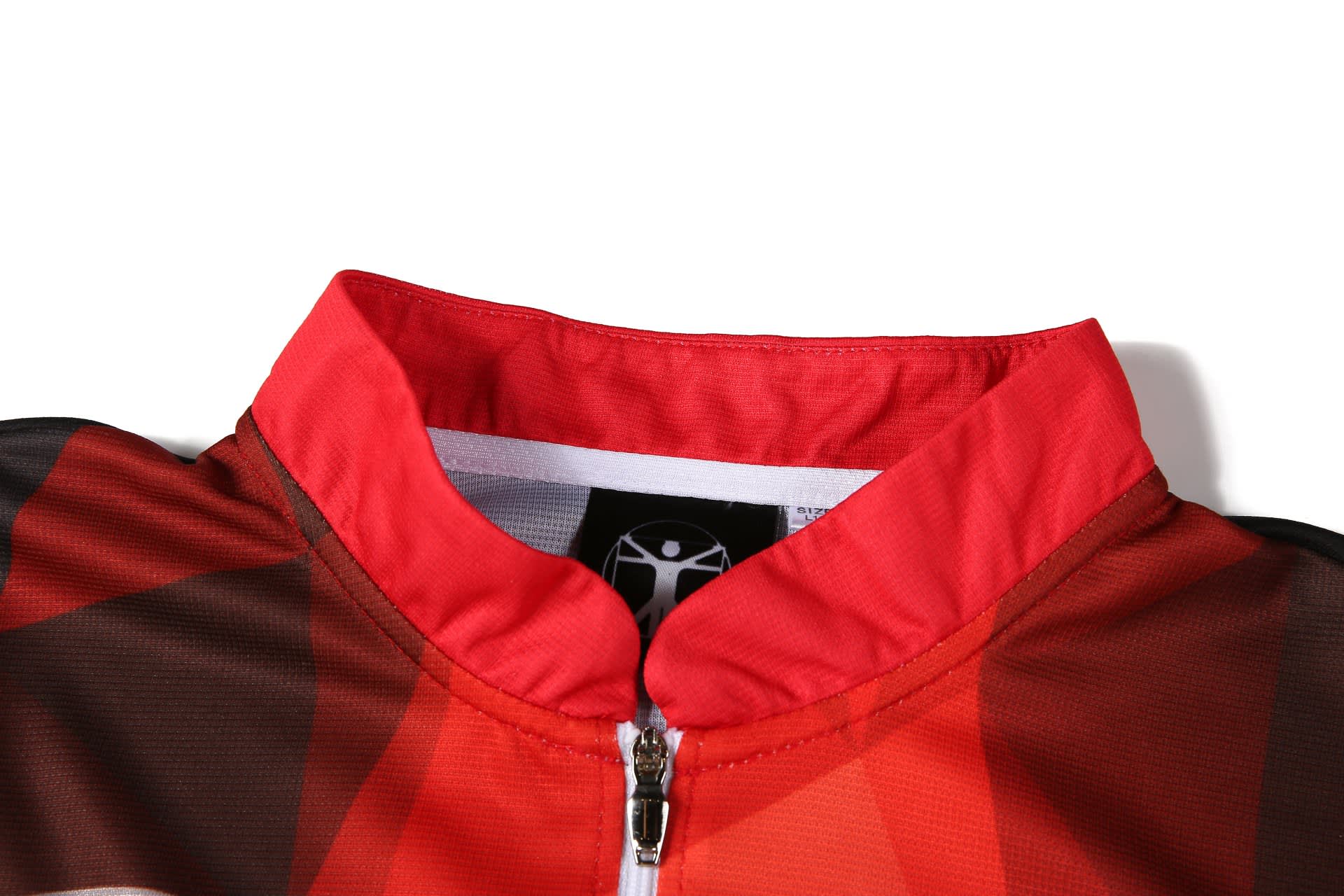 A red and brown bowling team uniform featuring a zip-up collar and a logo inside the neckline.