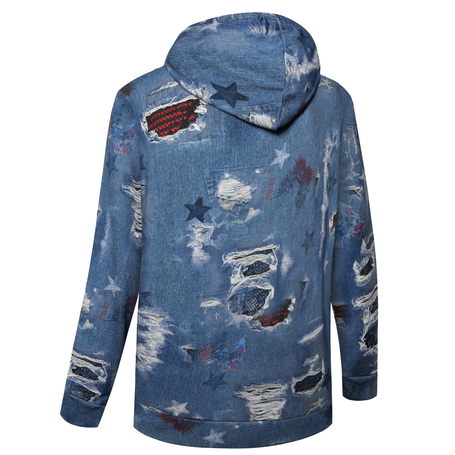 A denim fashion hoodie in blue, featuring distressed patches and star designs, with a hood and long sleeves.