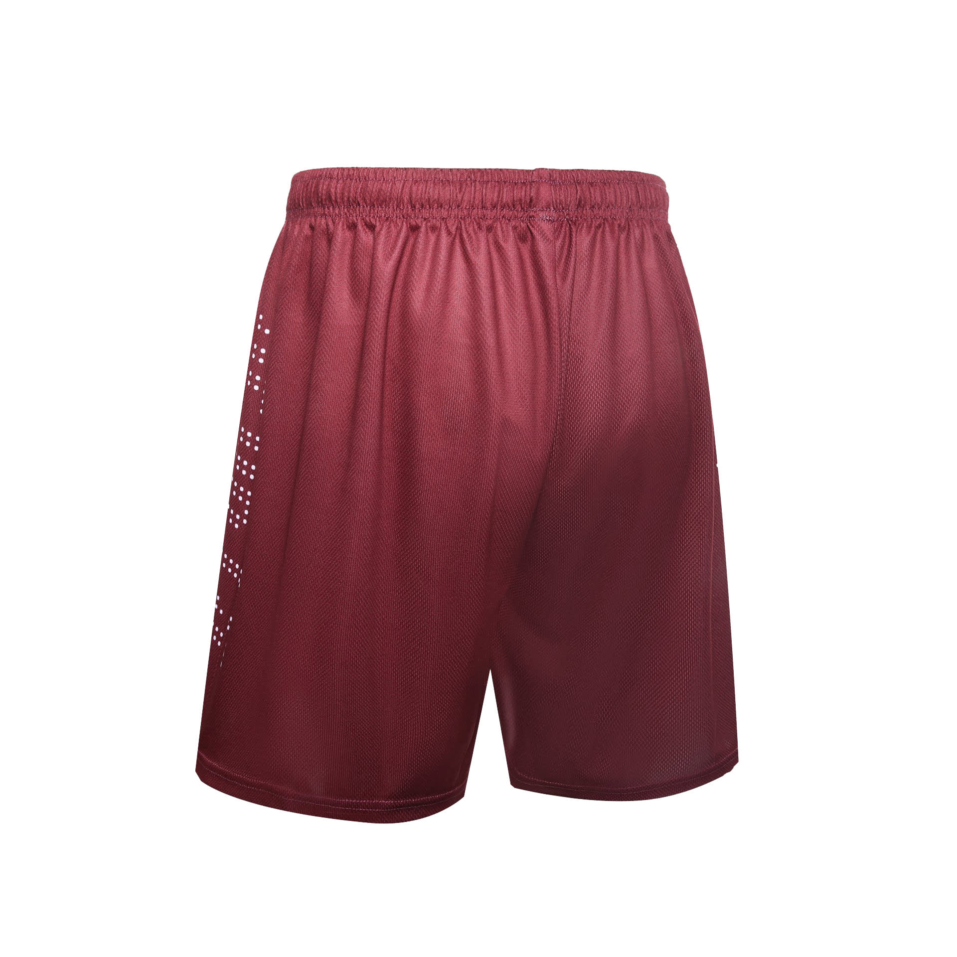 Maroon shorts with a textured design and an elastic waistband, featuring a logo on one side.