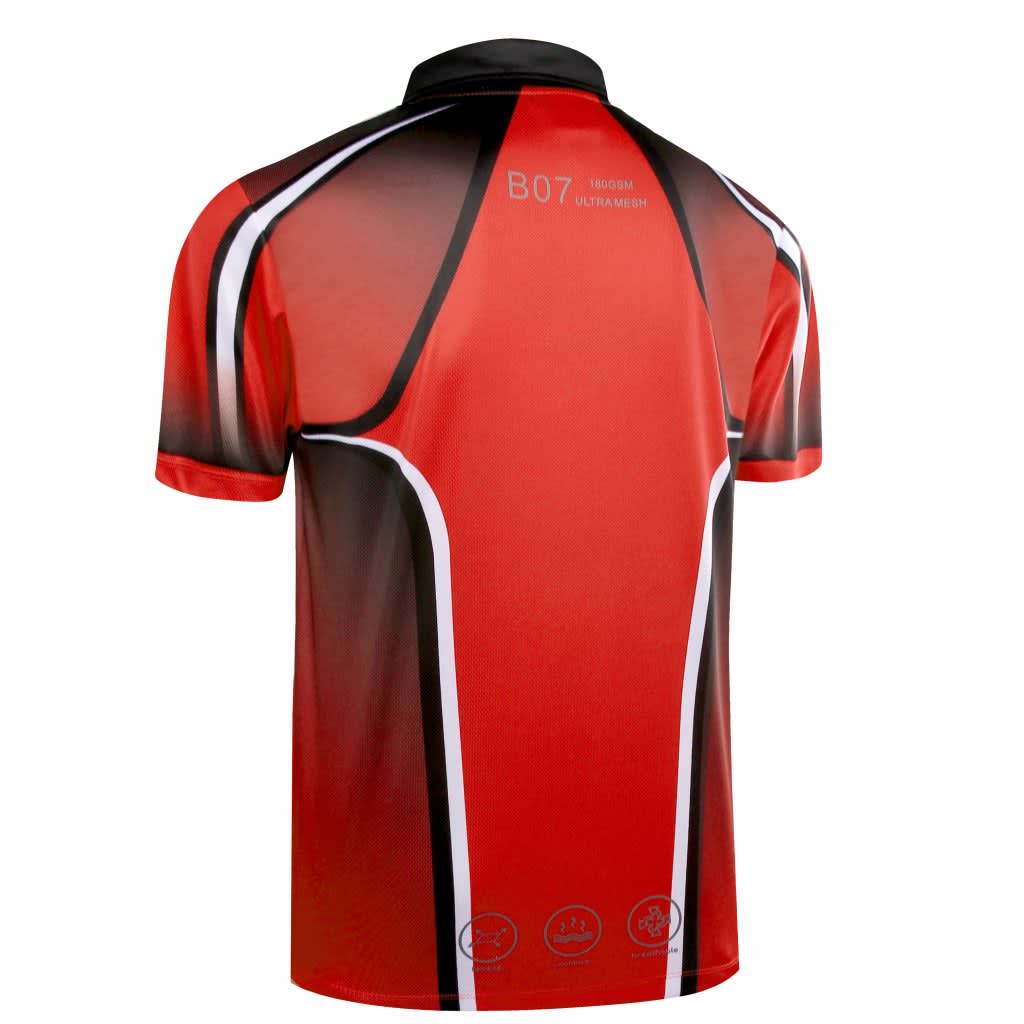 A customised polo shirt featuring a red design with black accents and a logo on the back.