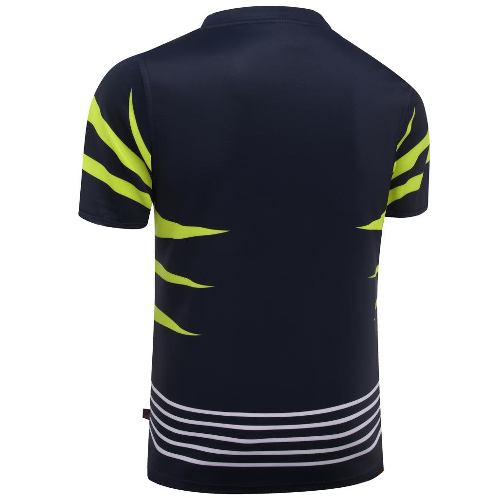 A navy rugby tee with vibrant yellow accents and horizontal stripes at the hem. It features a logo.