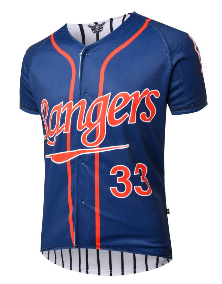 A navy blue baseball jersey featuring 'Rangers' in red and white lettering, with a button-up front and striped pattern.