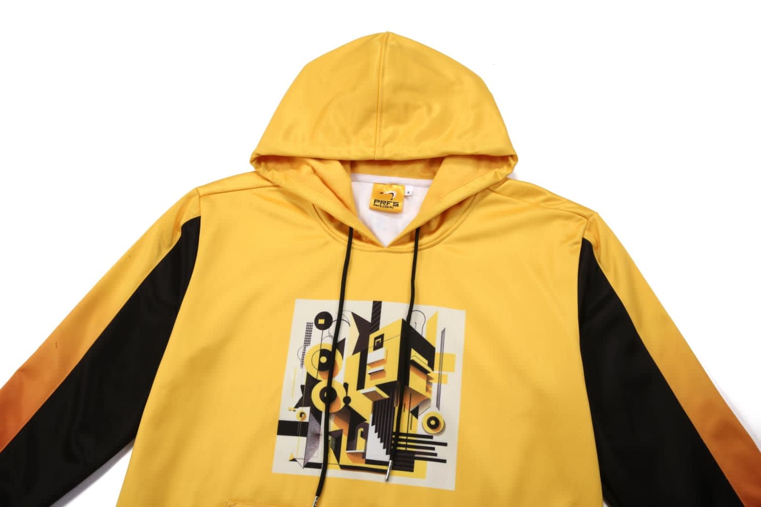 A yellow hoodie with black sleeves featuring a graphic print on the front and a drawstring hood.