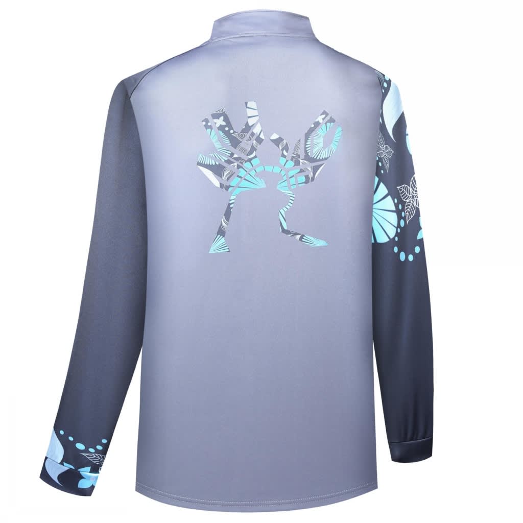 A grey school wear jacket with long sleeves, featuring a colourful hand design and an abstract pattern on the sleeves.