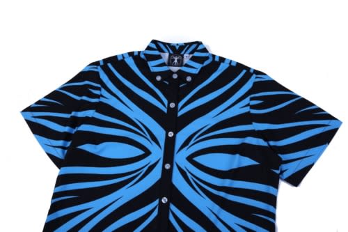 A blue and black short-sleeve shirt featuring a bold, striped design. The shirt has a collar and buttons.