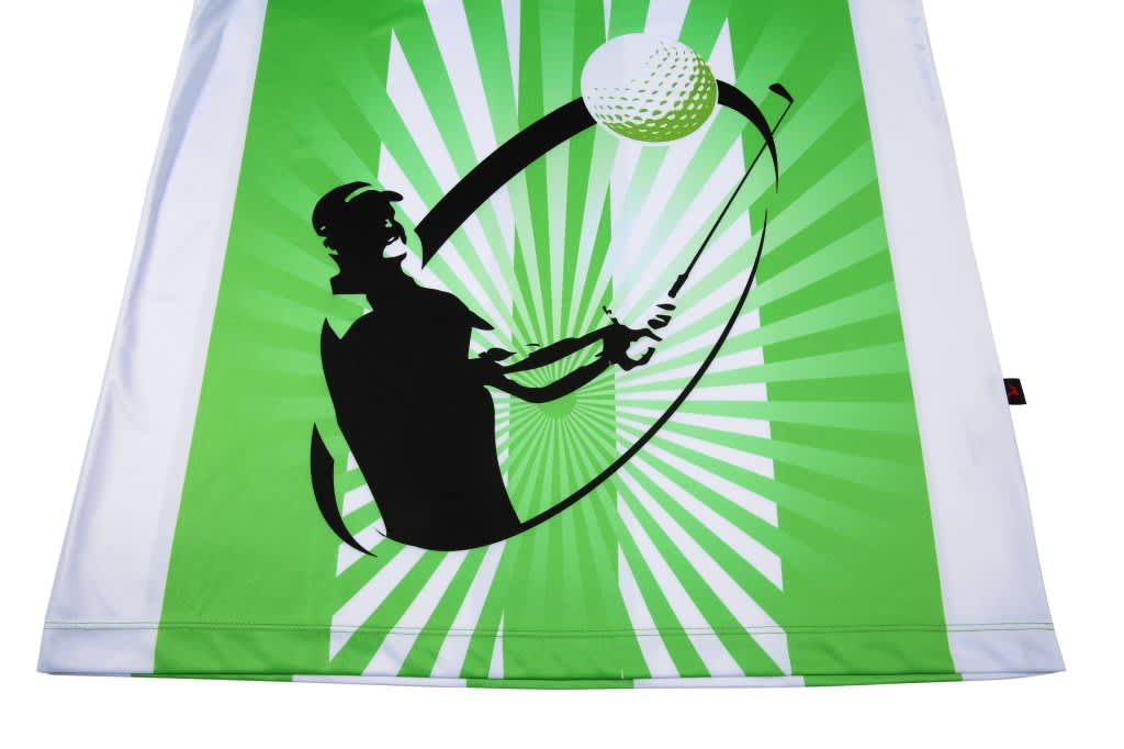 A green golf uniform featuring an illustration of a golfer swinging a club, with a logo at the bottom.