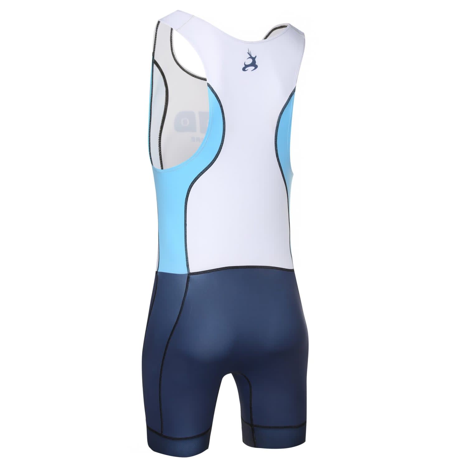A netball dress in blue and white, featuring a form-fitting design with a logo on the back and contrasting colours.