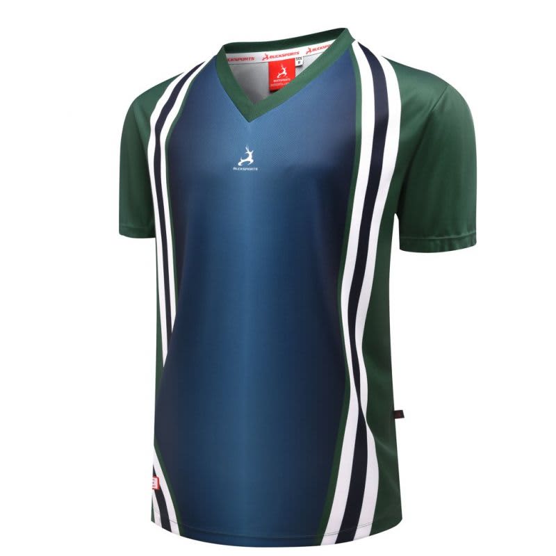 A polo shirt in green and navy with a sporty design, featuring striped accents and a logo on the front.