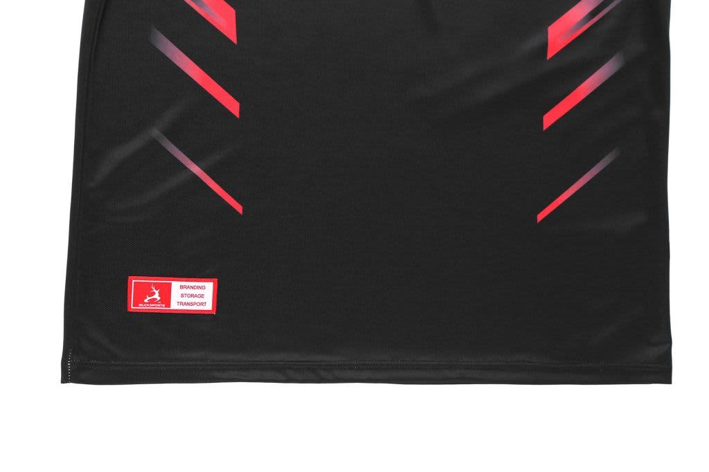 A black men's polo featuring red diagonal stripes and a logo at the bottom left corner.