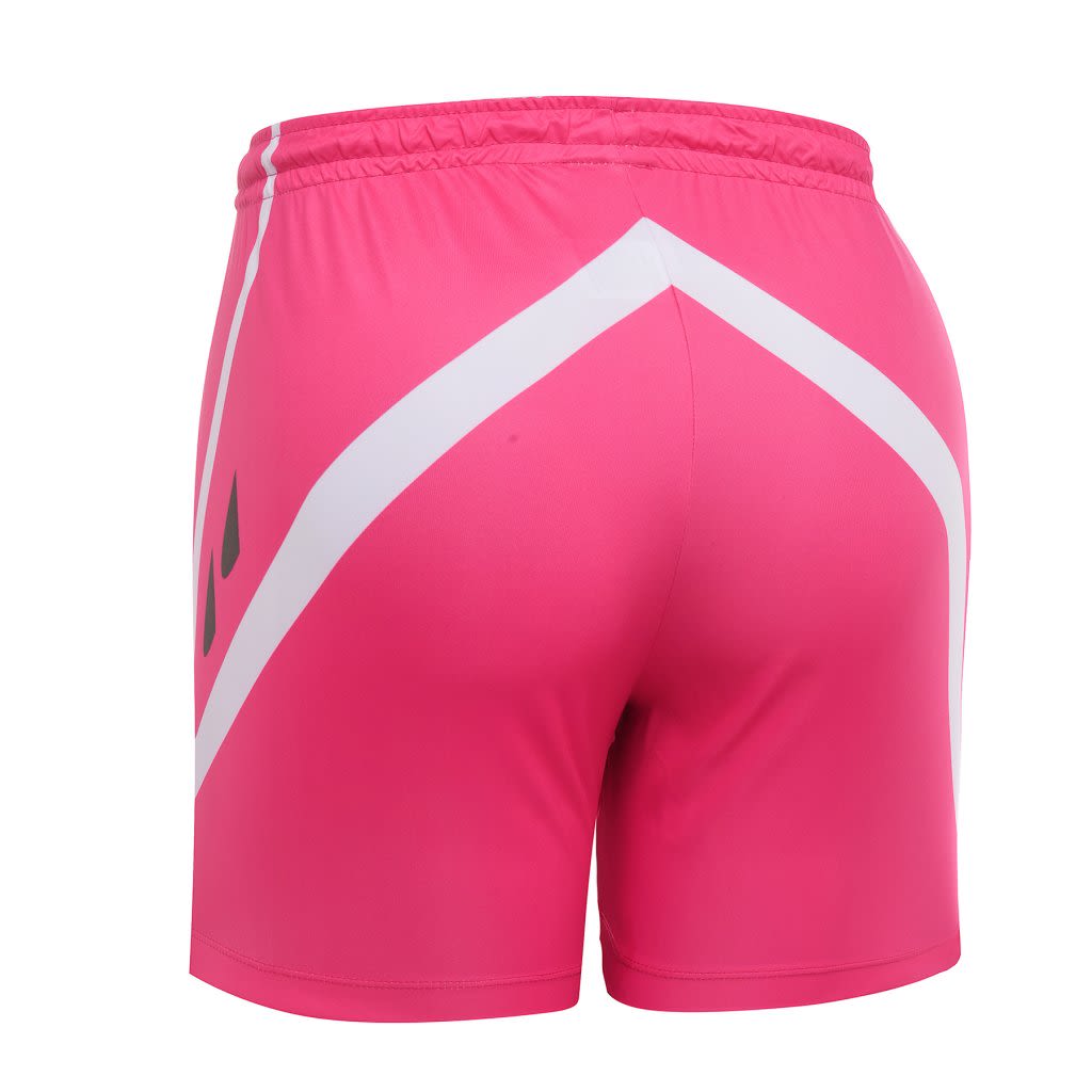 Bright pink shorts featuring a white diagonal design and a logo on the back.