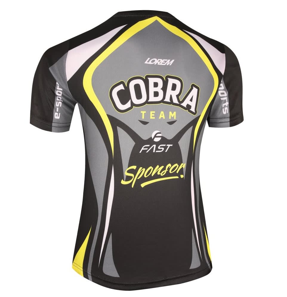 A sporty black and yellow esports jersey featuring a logo and dynamic design elements.