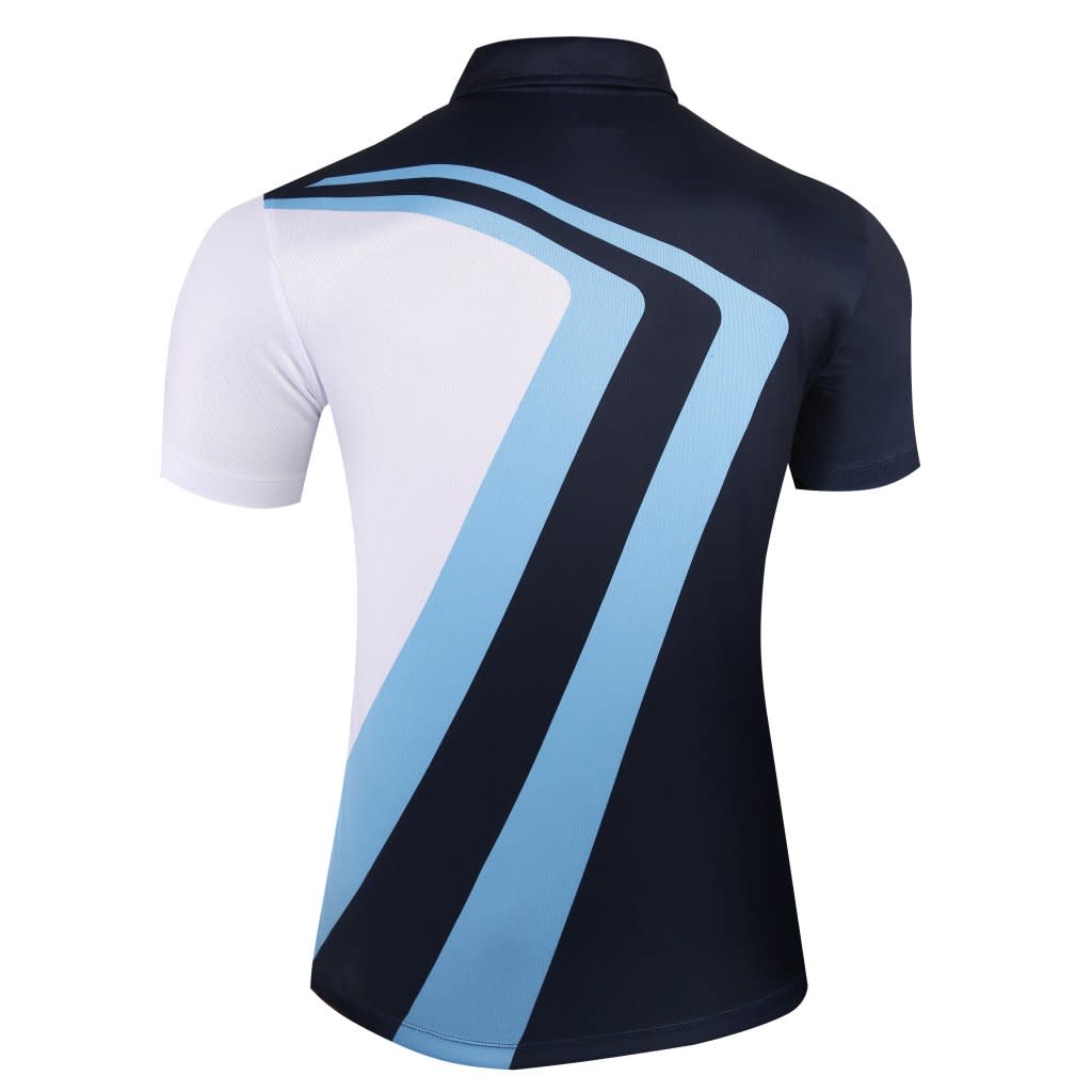 A polo shirt featuring a smaller collar, predominantly navy with light blue and white stripes, and a branding logo.