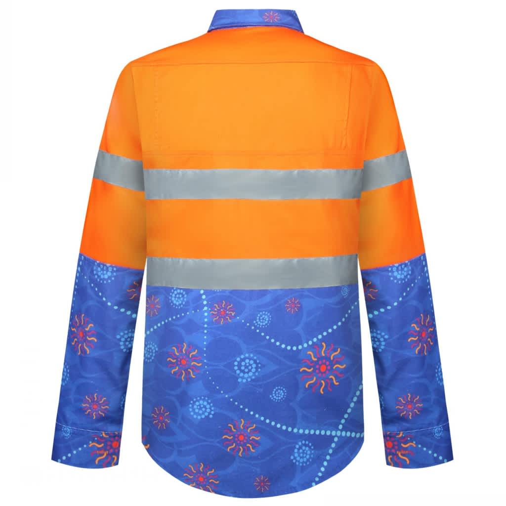 A cotton Hawaiian shirt featuring orange reflective stripes and a blue patterned fabric on the sleeves and back.