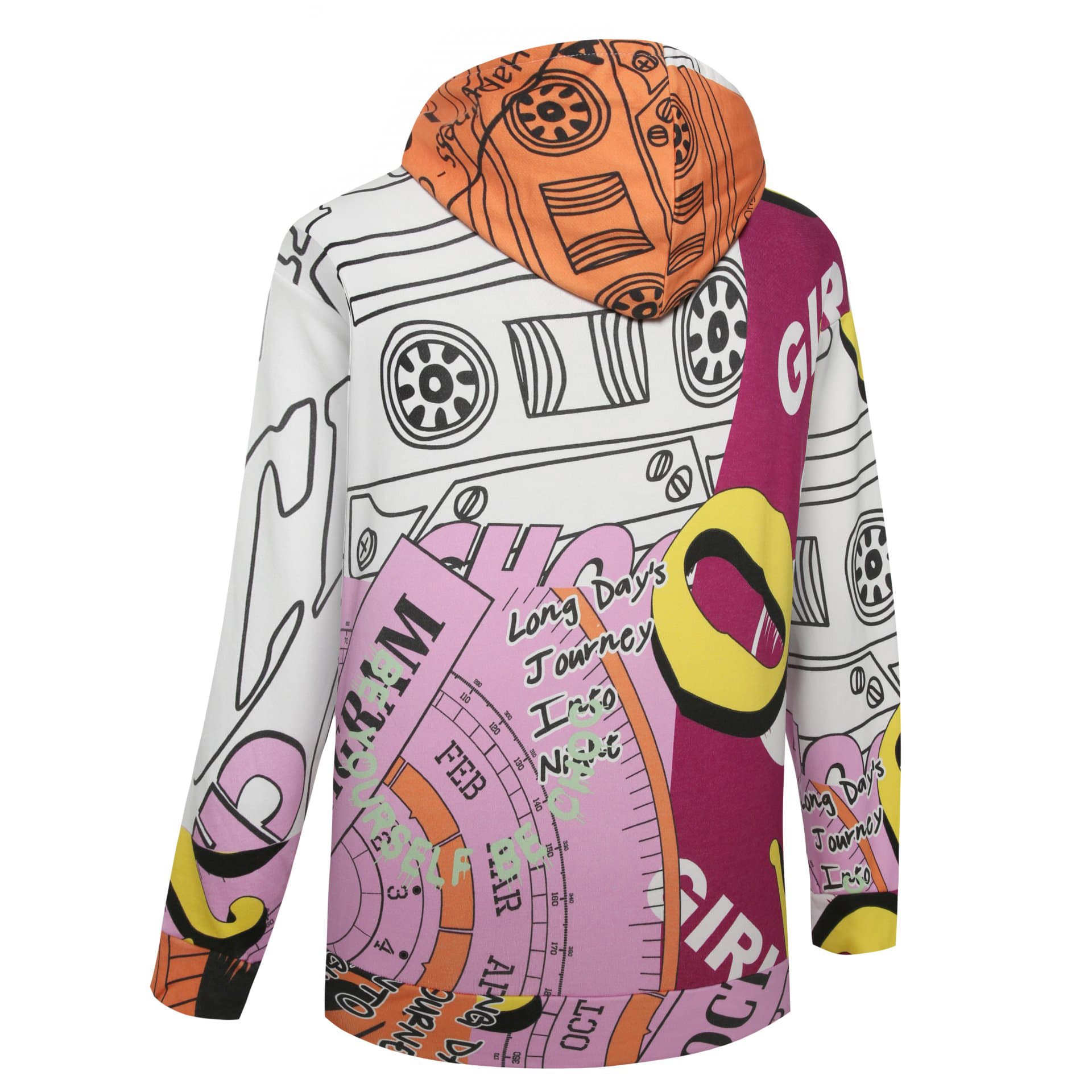 A colourful cotton hoodie with a patterned design featuring various graphics and text on a white background.