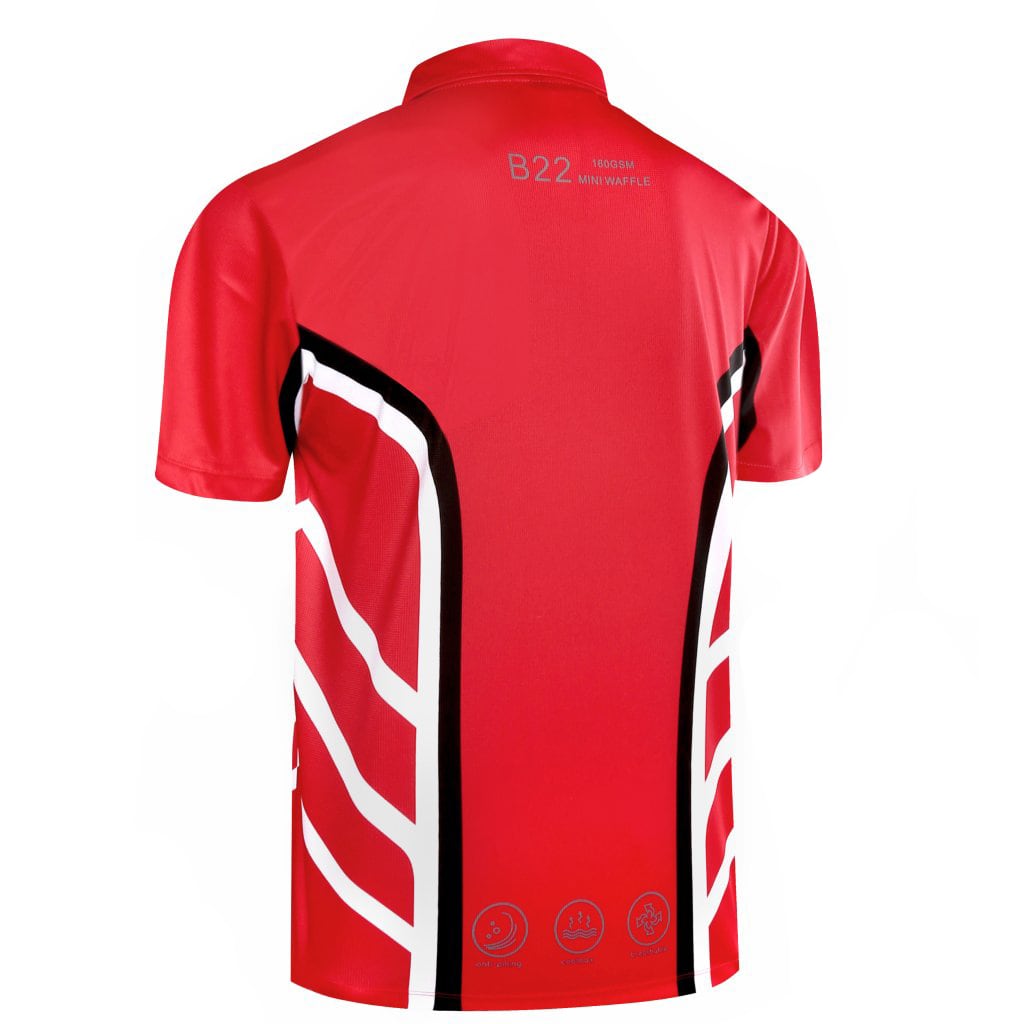 A red polo shirt featuring black and white design elements and a logo on the back.
