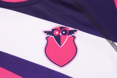 A sports jumper featuring a vibrant design in pink, white, and navy, with an owl logo on the front.
