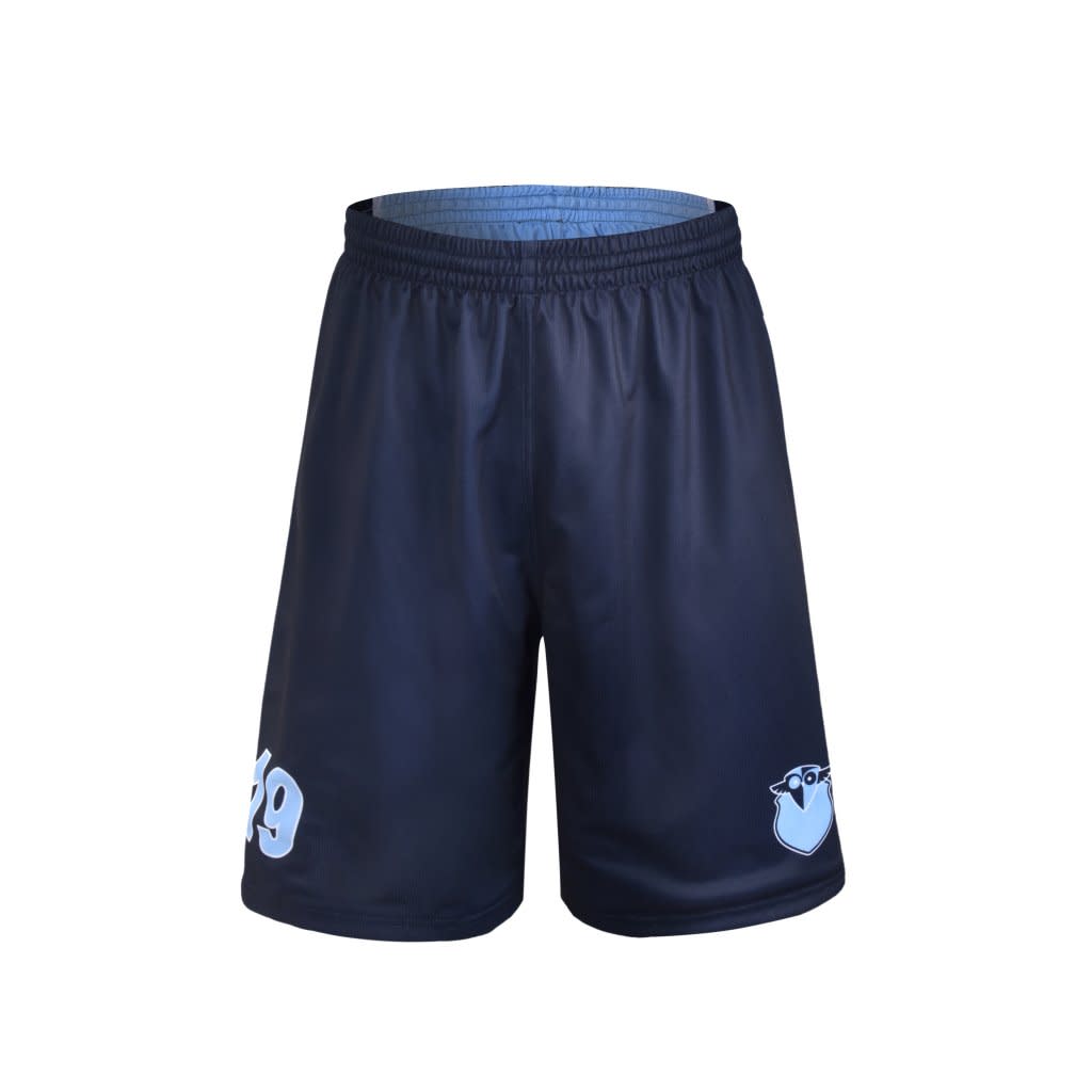 Reversible basketball shorts in navy blue with a light blue logo and details. Features an elastic waistband for comfort.