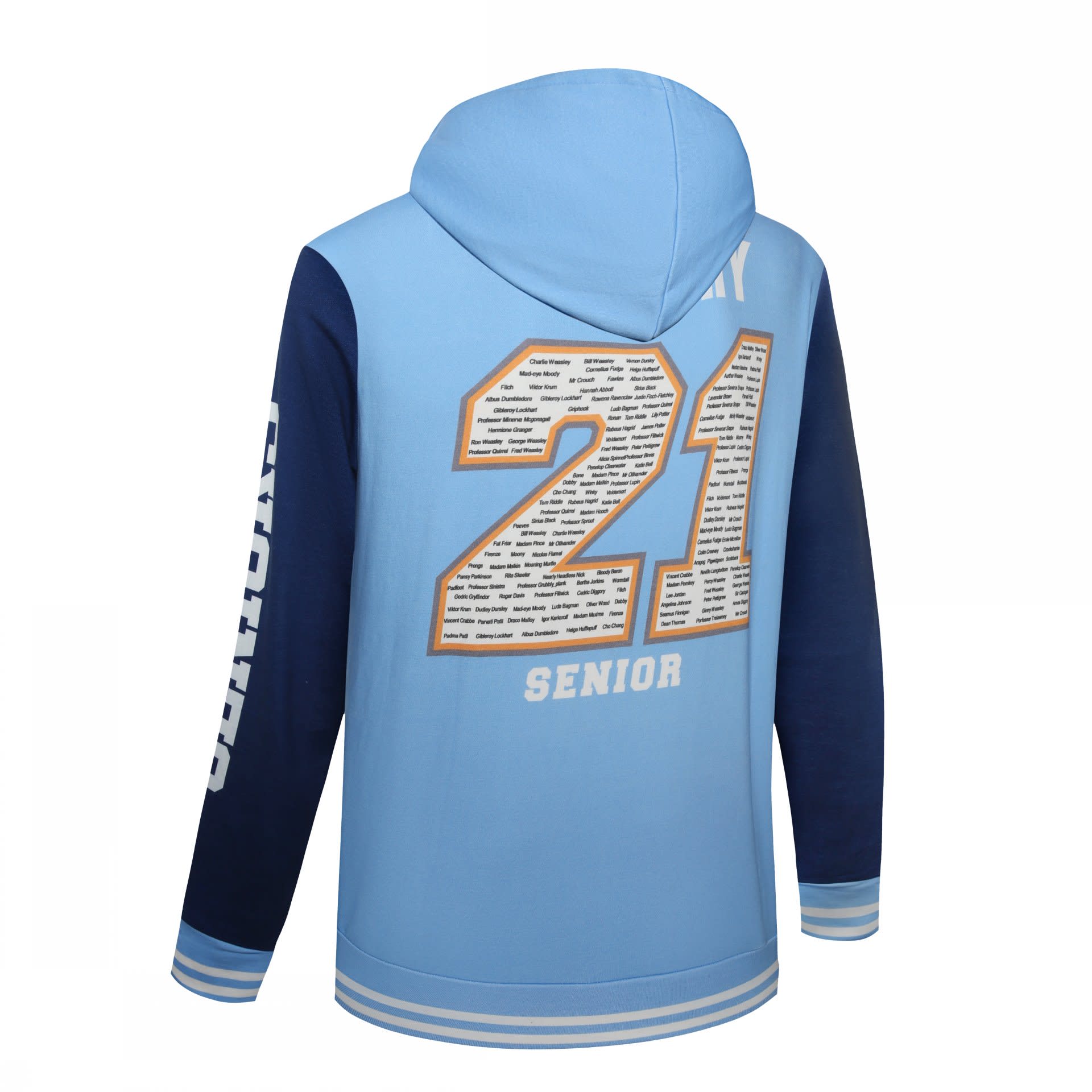 A hoodie in light blue with navy sleeves, featuring the number 21 and the word "SENIOR" on the back.