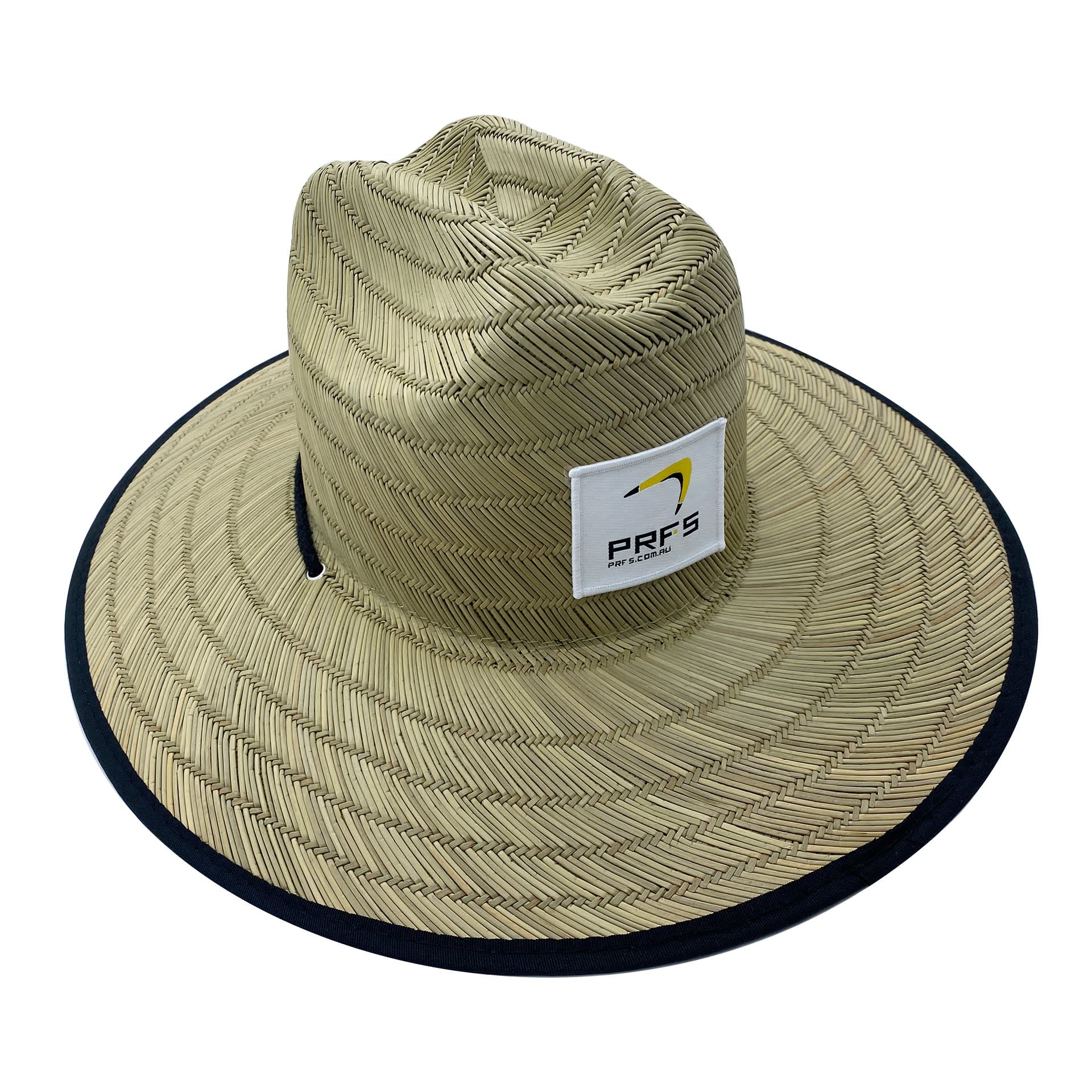 A tan sublimated bucket hat with a wide brim and a logo on the front. It features a textured pattern.