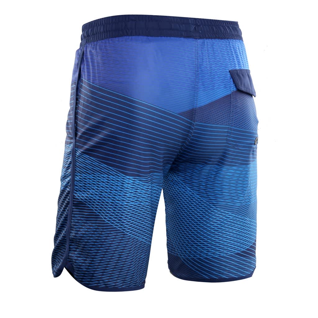 Sublimation beach shorts in varying shades of blue with a striped pattern and a back pocket.