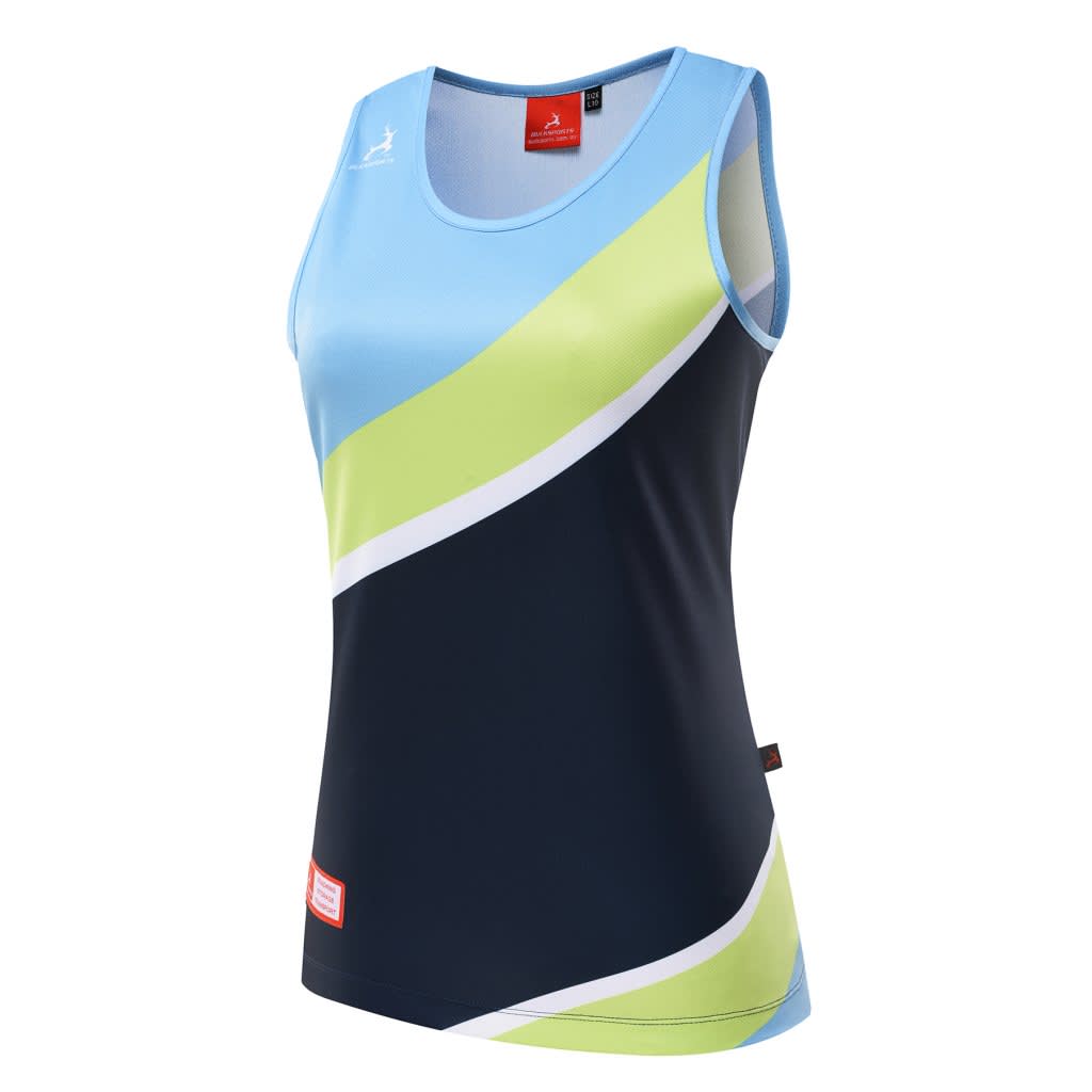 A blue and navy sleeveless top with green and white zigzag patterns and a brand logo.