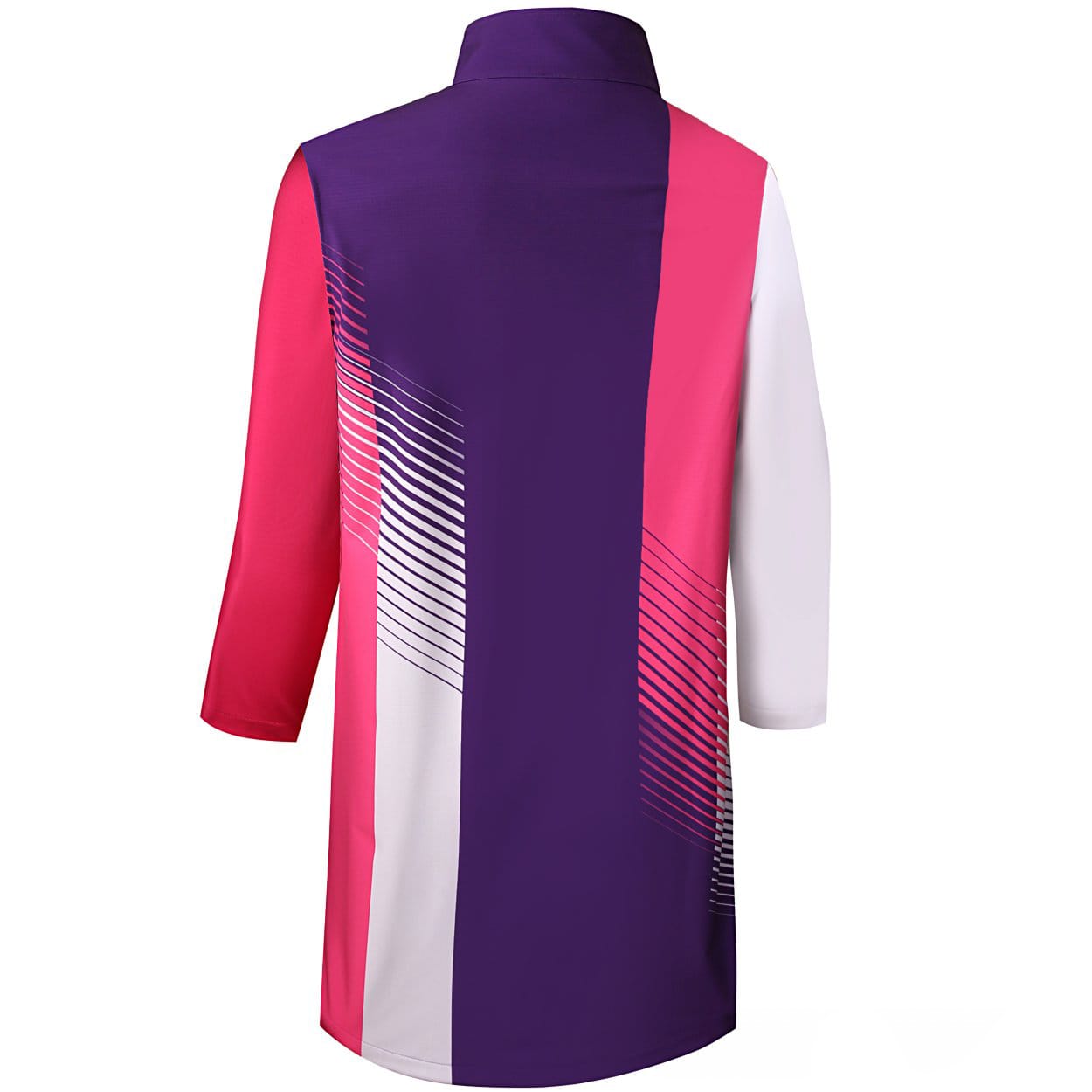 A colourful SOFTSHELL DECK COAT featuring vibrant pink, purple, and white sections with diagonal stripes.