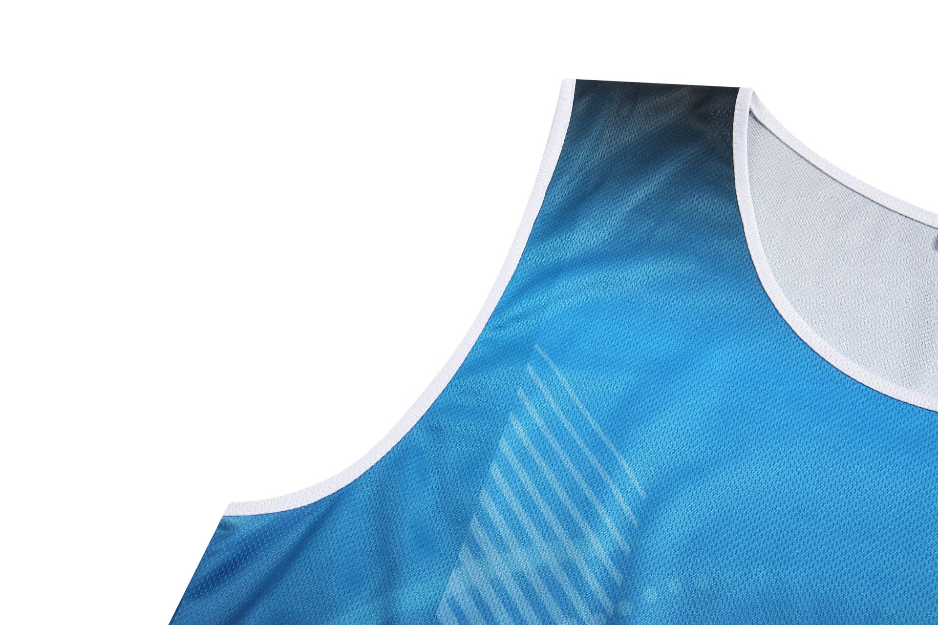 A sports uniform featuring a vibrant blue design and a white trim, showcasing breathable mesh fabric.