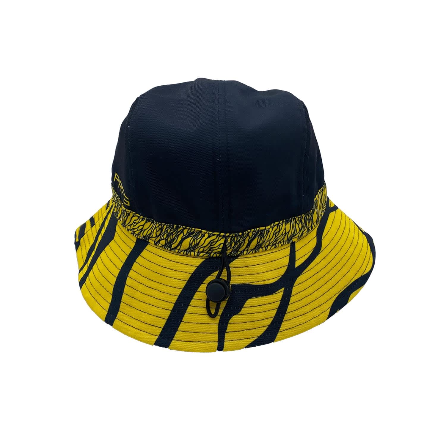 A yellow and black bucket hat featuring a distinctive pattern and a logo, designed for outdoor wear.