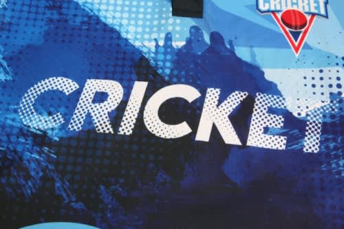 A blue cricket jersey featuring the word "CRICKET" in bold, with a design element and a logo present.