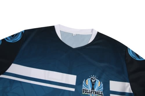 A blue and black volleyball uniform jersey featuring a logo and sporty design elements.