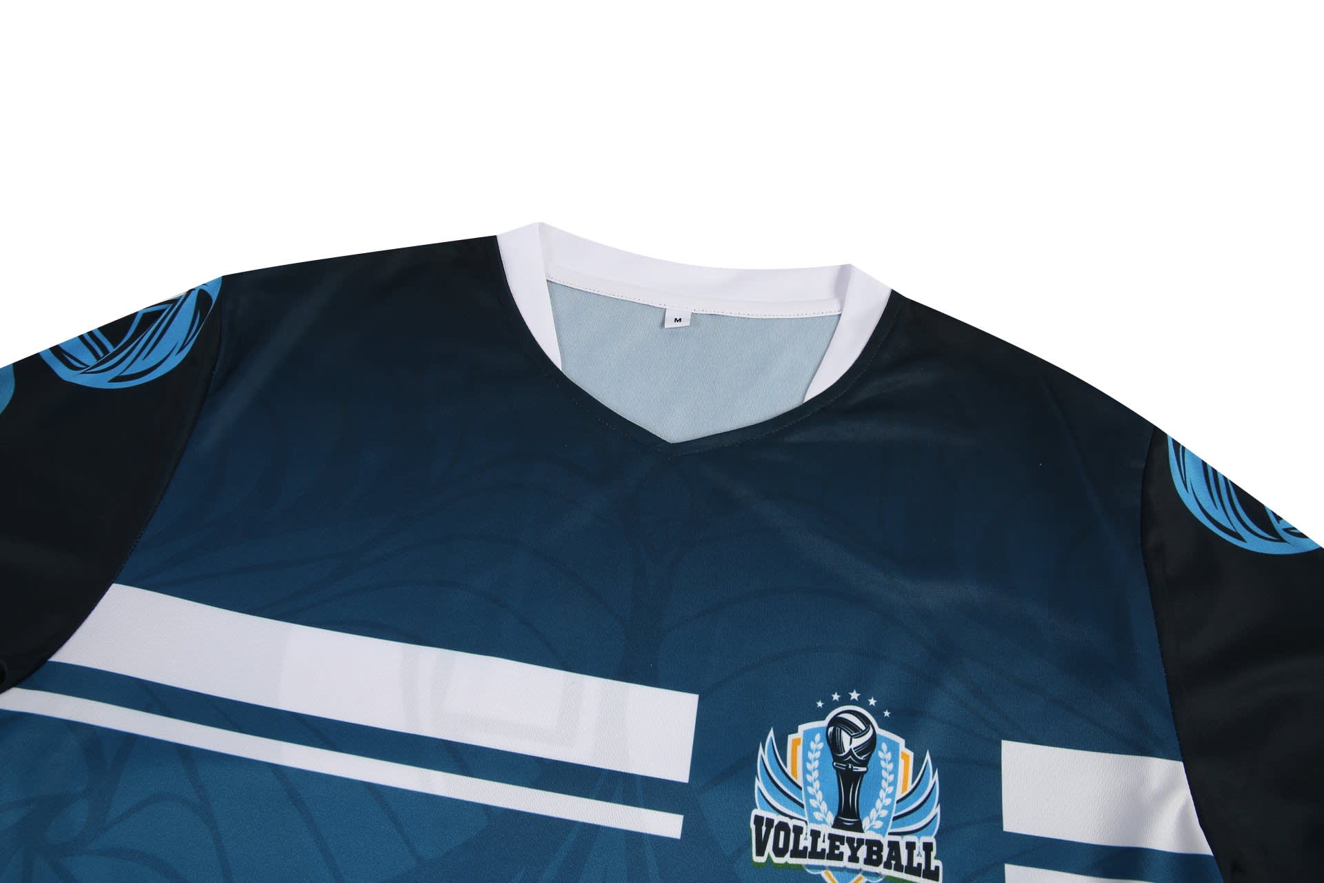 A volleyball uniform men's t-shirt in dark blue, featuring a v-neck and a logo.