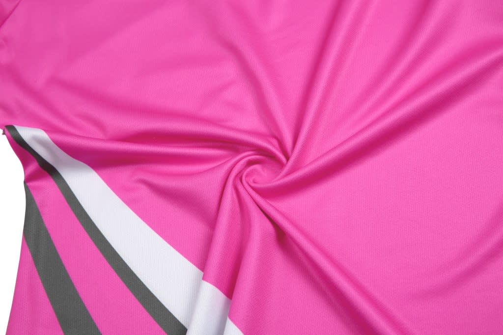 A custom lady t-shirt in vibrant pink with grey and white design elements. The fabric is smooth and stretchy.