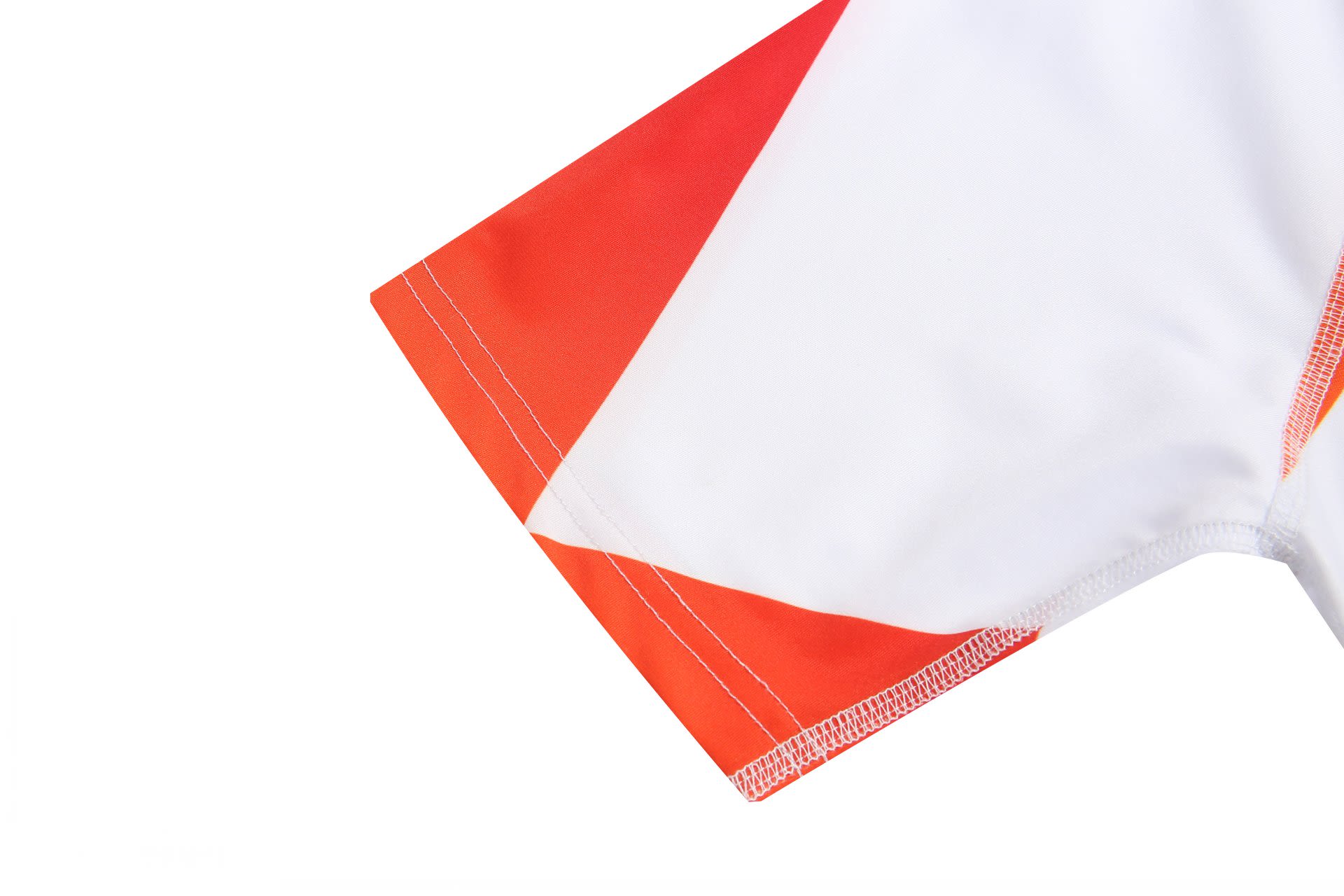 A swimming suit featuring a vibrant orange and white design, with a branded logo on the fabric.