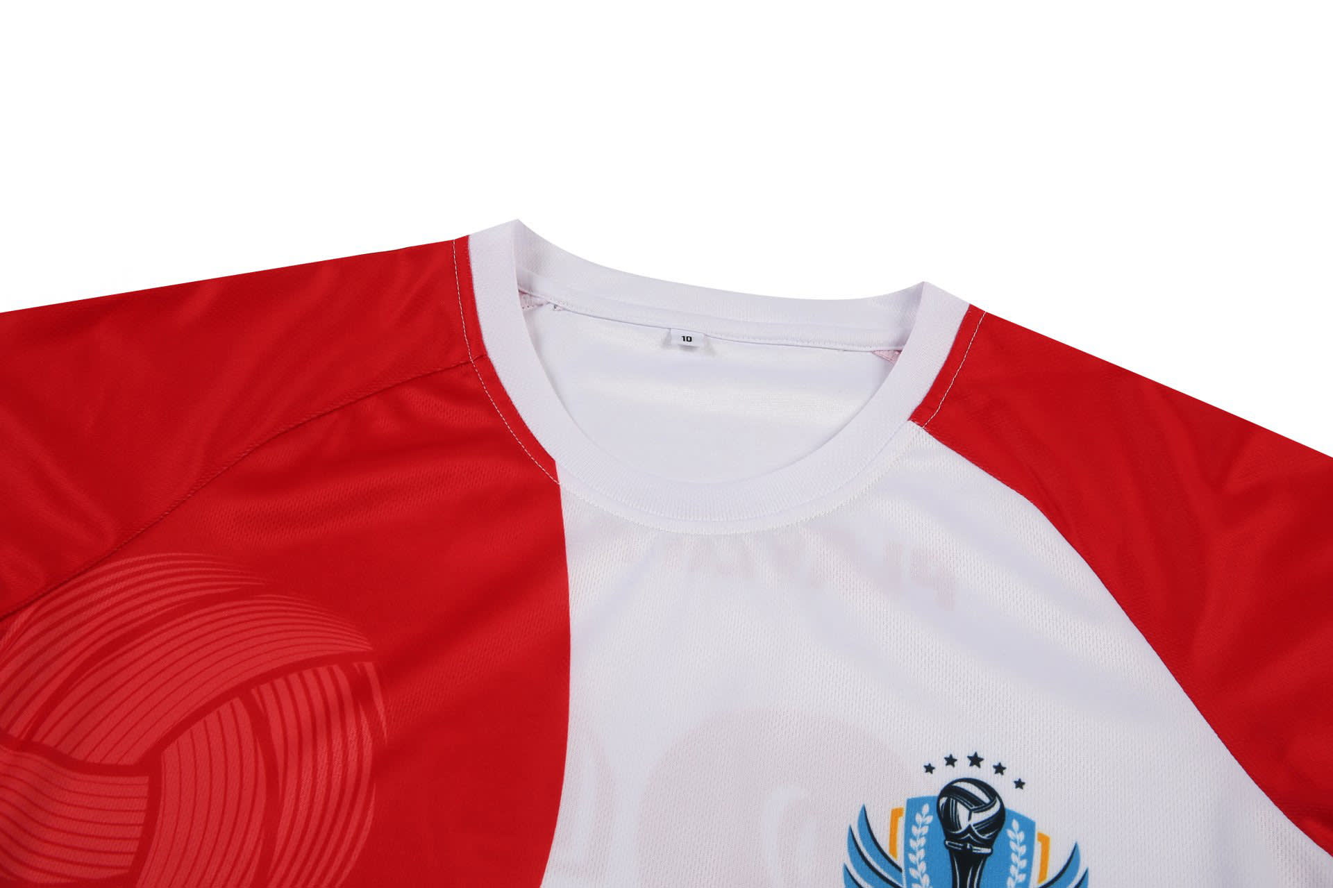 A women's volleyball uniform t-shirt featuring red and white colours and a logo on the front.