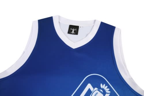 A blue sports jersey with a white collar and an emblem, featuring a sleeveless design.