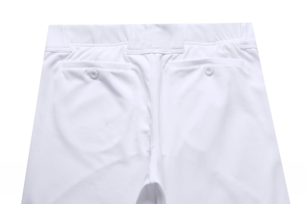 A pair of white baseball/cricket pants featuring two pockets at the front. The garment has a button closure.